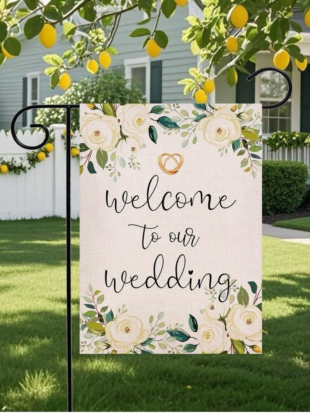 NWT Beige Double Sided “Welcome to our Wedding” Floral 12” X 18” Garden Flag